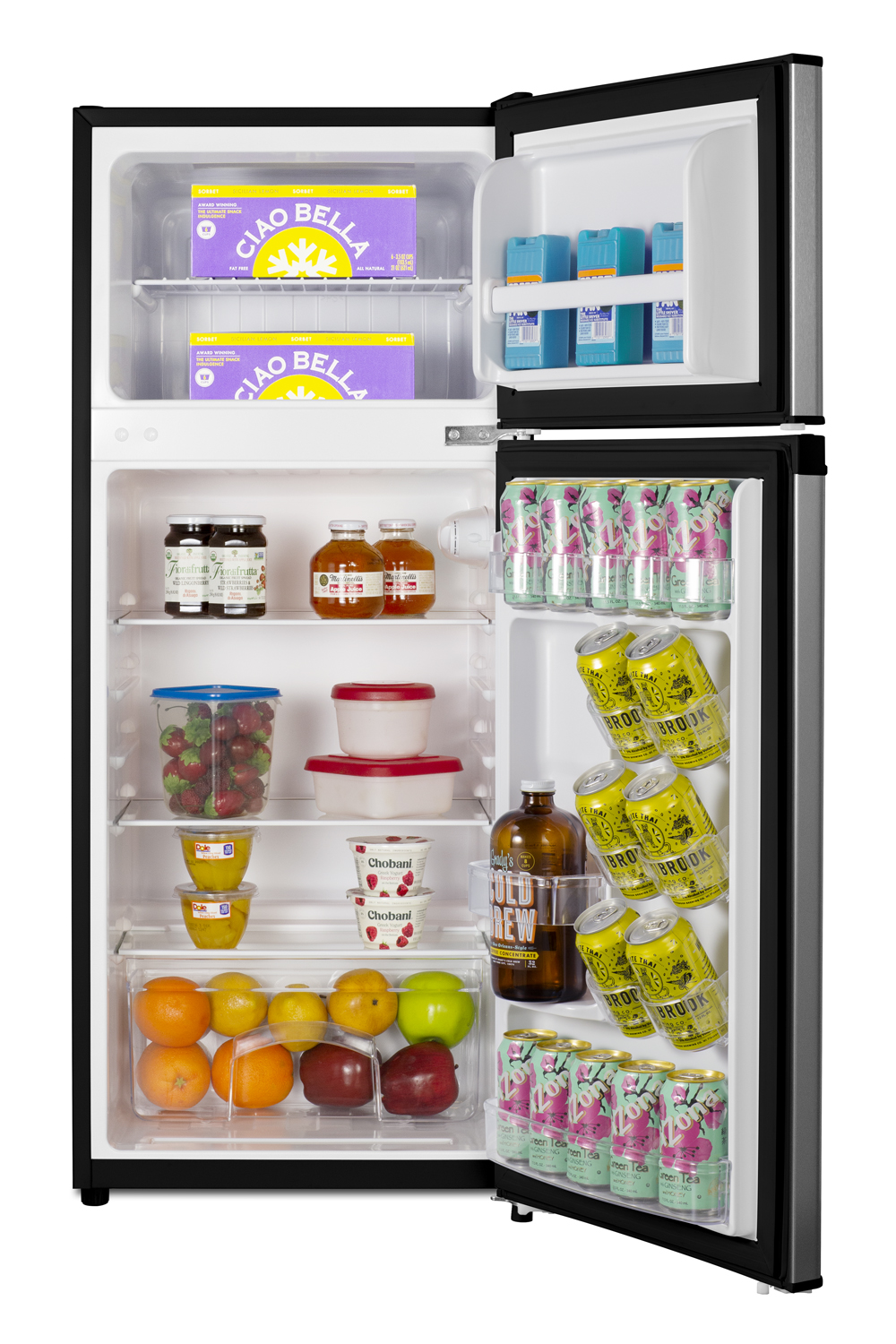 Two-door ENERGY STAR certified refrigerator-freezer in an ADA compliant height with user-reversible fingerprint-free stainless steel look doors, manual defrost, and dial thermostat